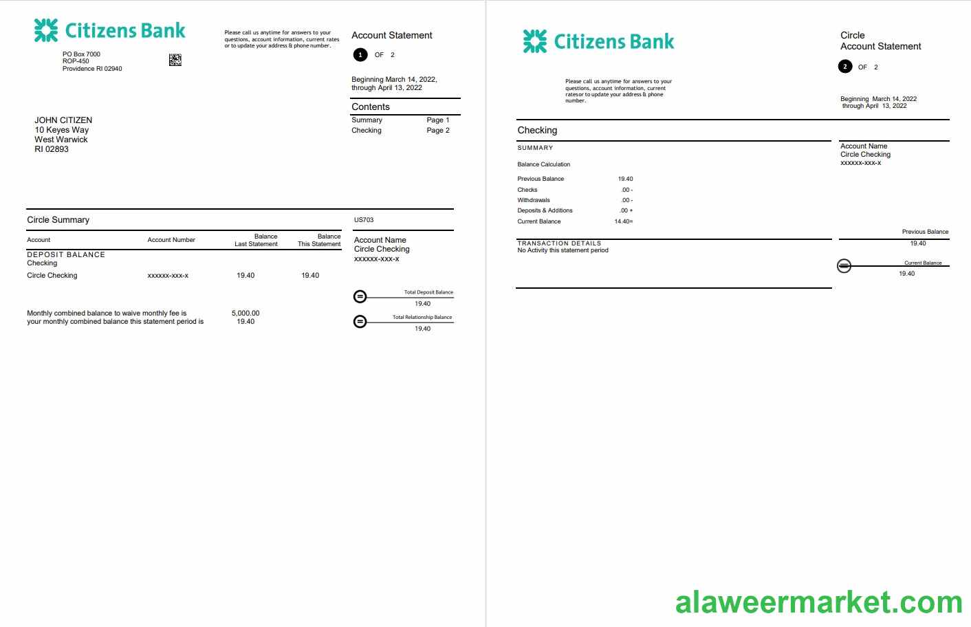 USA Citizens bank statement Word and PDF template, 2 pages